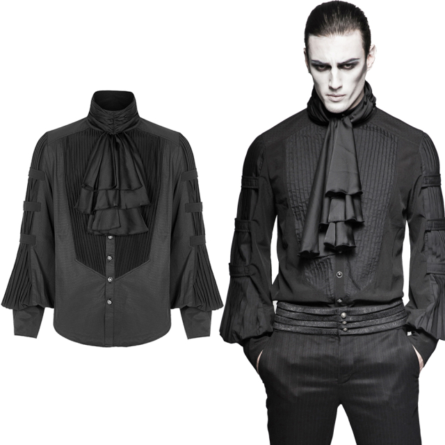 Punk Rave Y-752 schwarzes Edelmann Herrenhemd mit abnehmbarem Schalkragen. Gothic Herrenkleidung
