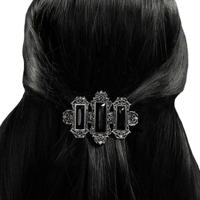 Große silberfarbene Haarspange mit Antik-Finish und drei schwarzen, rechteckigen, facettierten Kunst-Steinen