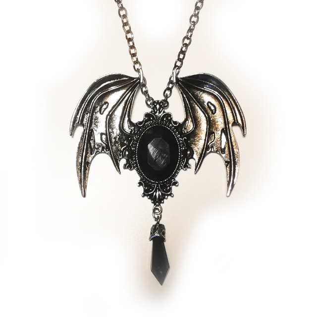 Necklace with large pendant in the shape of bat wings with faceted black stone and drops. Can be worn as necklace as well as brooch.