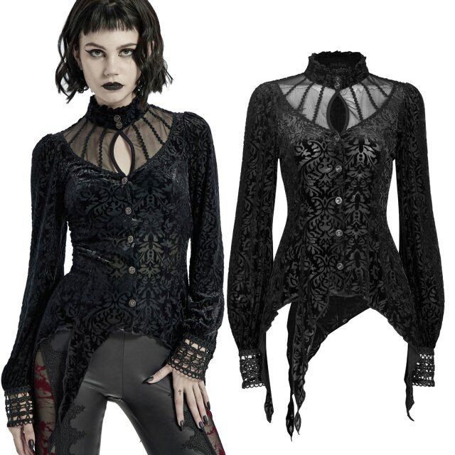 PUNK RAVE Gothic-Zipfelbluse (WY-1300BK) aus Burn Out Samt, tailliert mit Stehkragen, Dekolleté aus feinem Mesh und breiten Manschetten aus Häkelspitze