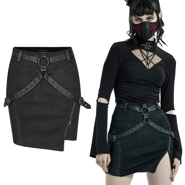 PUNK RAVE super stretch mini skirt with faux leather harness and eye-catching buckles, asymmetric hem and flexible slit with zip