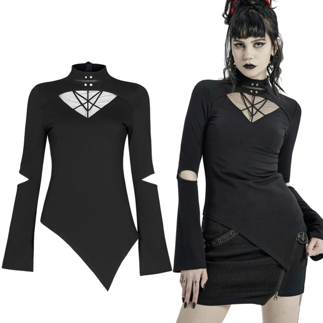 PUNK RAVE asymmetrical long-sleeved shirt with tapered hem, sophisticated turtleneck with geometric shapes on the neckline as well as cut-outs on the elbows