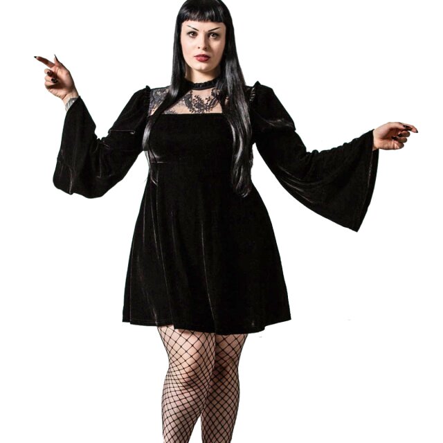 KILLSTAR black velvet Crimson Kiss mini dress in sassy skater style with sweet lace yoke and flared puff sleeves.
