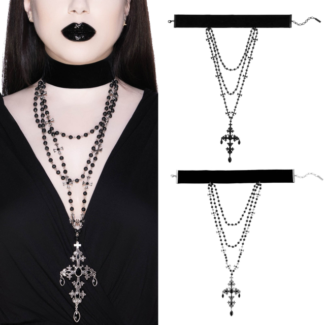 KILLSTAR Summon The Night Choker - Choker made of wide velvet ribbon with multi-row chains with beads and crosses, available in silver-black or plain black