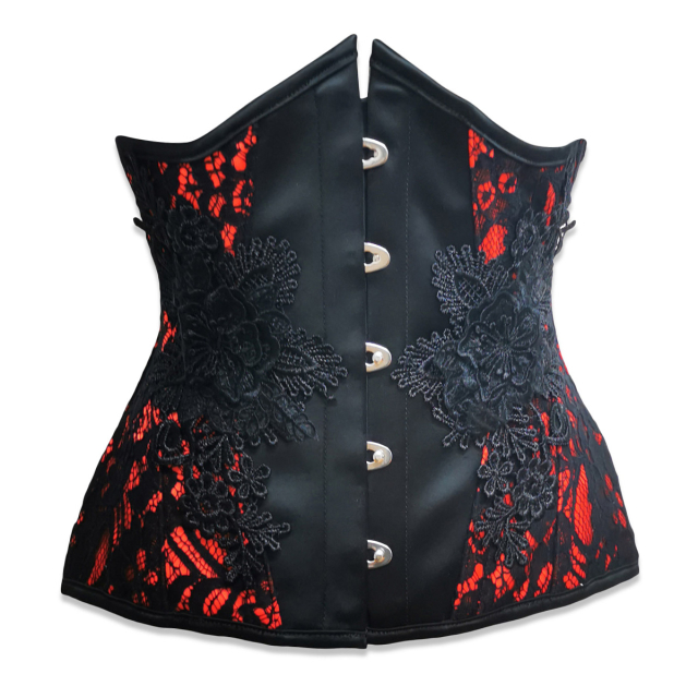 Black underbust corset with red accents and dark romantic lace flower appliqués
