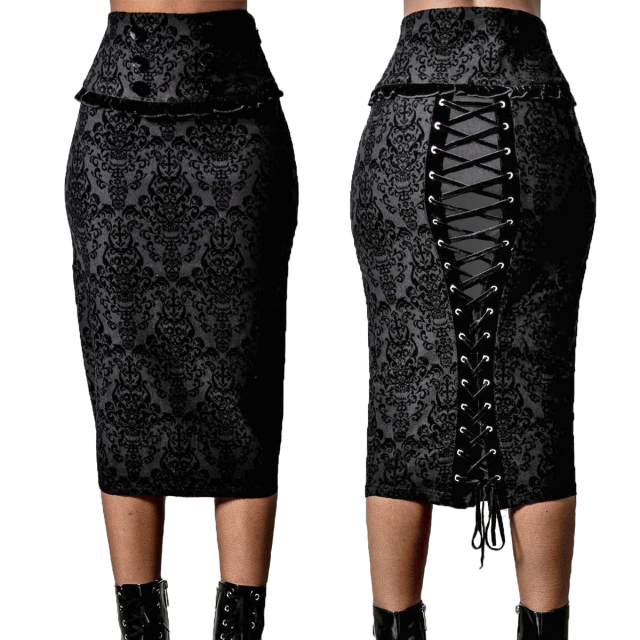 KILLSTAR Isolde midi skirt made of very stretchy material with smattering brocade pattern flocking, sweet ruffle details and lacing at the back.