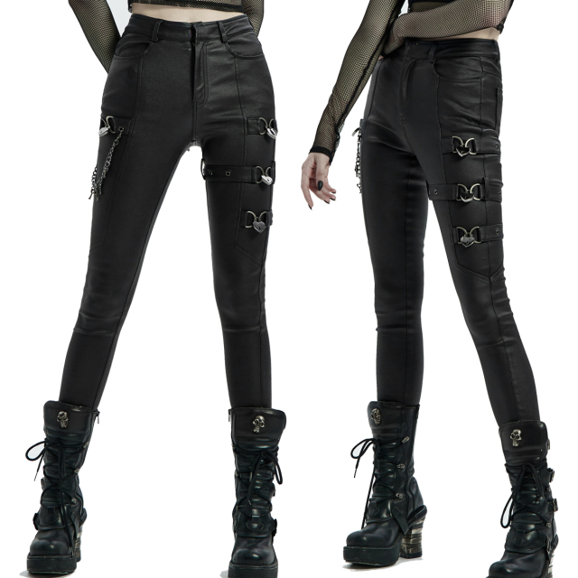 Super stretch PUNK RAVE trousers in leather look with straps around the thighs decorated with D-rings and pendants in the look of heart-shaped padlocks. Right side with decorative chain incl. keys