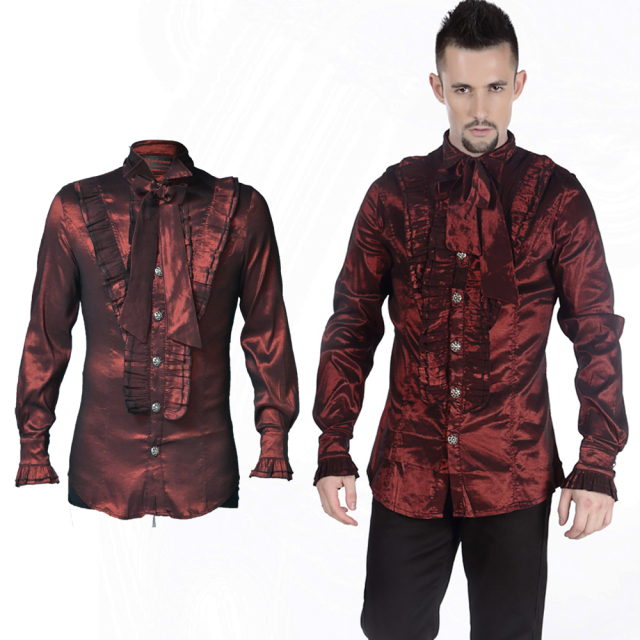 Dark red mens gothic frill shirt made of shiny stretch...