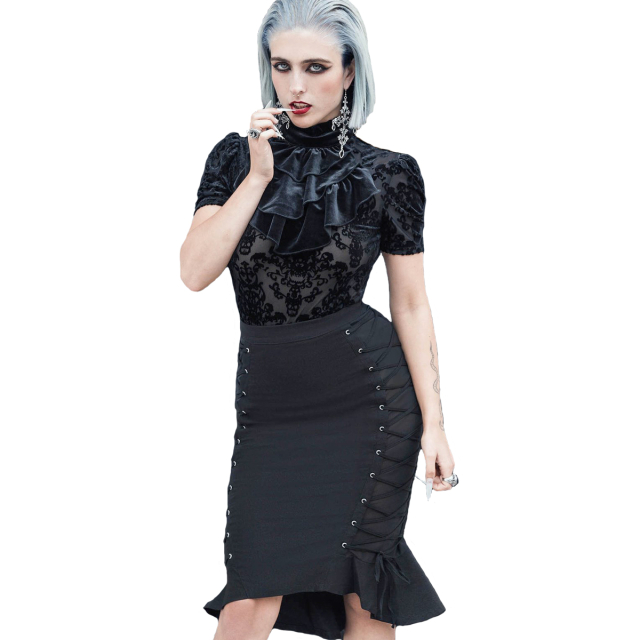 KILLSTAR Beelzebabe Midi Skirt made of super stretchy fabric with slightly transparent mesh panels at the sides and lacing above, sweet flounce at the back hemline in fishtail look