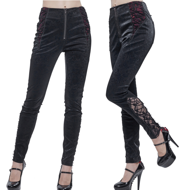 Devil Fashion Gothic faux leather trousers (PT151) with baroque ornament embossing, lace insert and shiny red accents