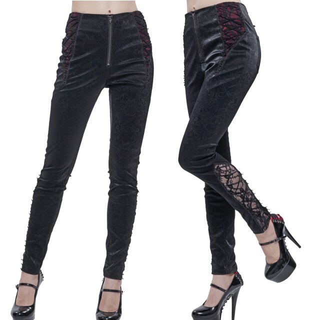 Devil Fashion Gothic-Kunstlederhose mit barocker Ornamentprägung, Spitzeneinsatz und glänzend roten Akzenten