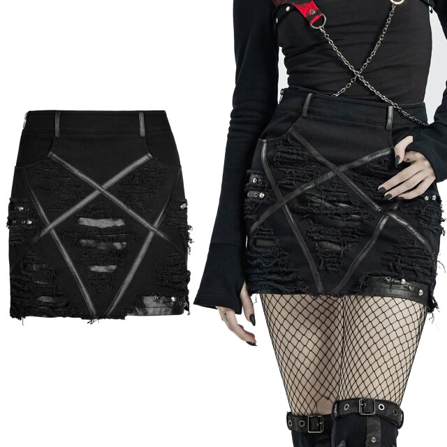 PUNK RAVE Ultramini (WQ-537BK) aus elastischem Denim vorne mit über Kreuz verlaufenden Kunstlederstreifen und ausgefransten Rissen und Nieten