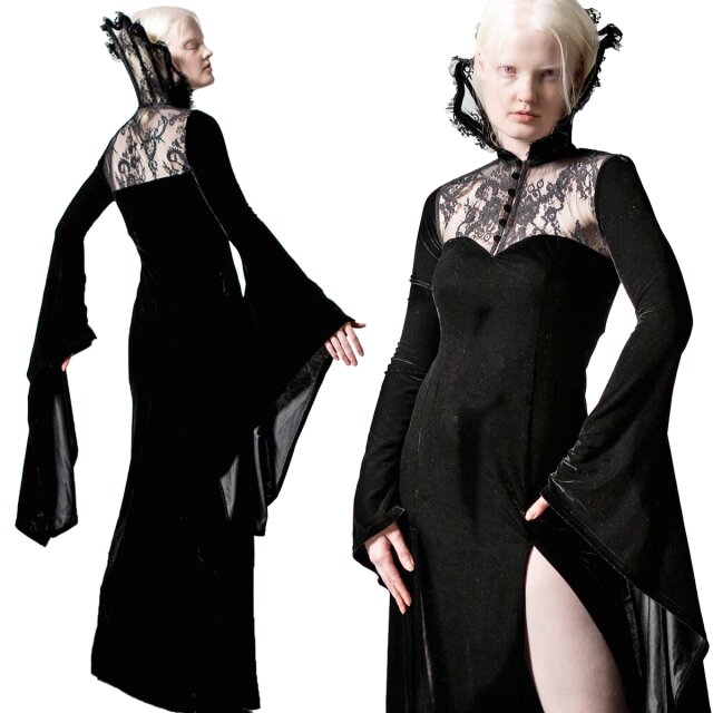 Schwarzes KILLSTAR Dawn Maxi-Samtkleid mit verstärktem Stehkragen aus Spitze in Medici-Optik langen Wasserfall-Ärmeln und Dekolleté sowie Passe auch feiner Spitze