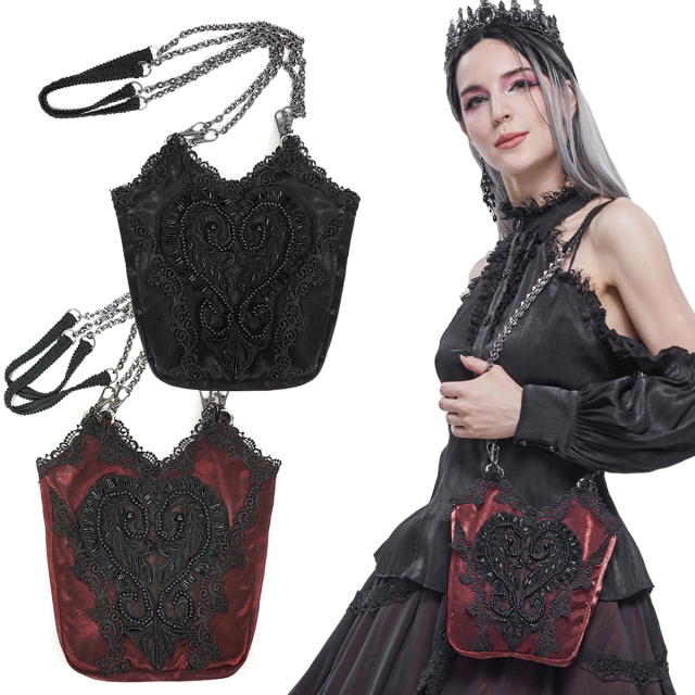 Devil Fashion Gothic pouch bag (AS09501 & AS09502) in red-black or plain black with lace and baroque bead embroidery and shoulder strap