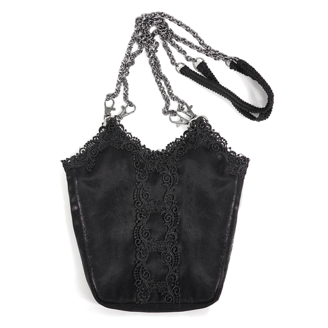 Devil Fashion Gothic-Beutel-Tasche (AS09501 & AS09501) in rot-schwarz oder schwarz-uni mit Spitze und barocker Perlenstickerei sowie Schulterriemen