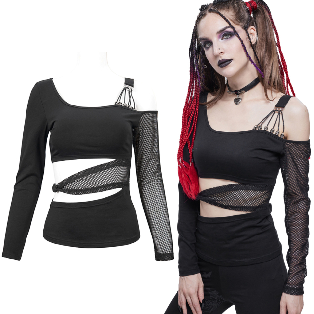 Devil Fashion long-sleeved top (TT175) in wrap-around and layered look made of elastic jersey and mesh, asymmetrical, one-sided off-the-shoulder with cool skull details