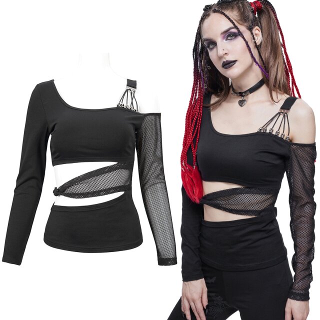 Devil Fashion Langarm-Top (TT175) in Wickel- und Lagen-Optik aus elastischem Jersey- und Netz, asymmetrisch, einseitig schulterfrei mit coolen Skull-Details