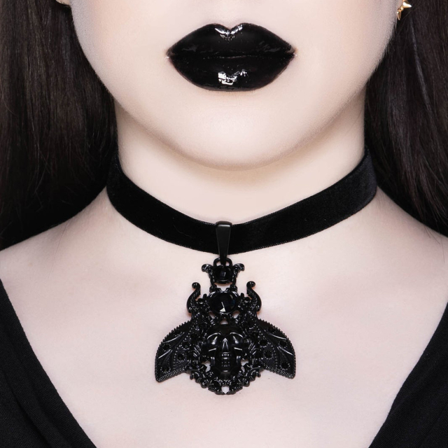 KILLSTAR Bee Unique Choker - deep black velvet choker with large pendant in the shape of a bee-like insect, decorated with skull and black faceted stones.
