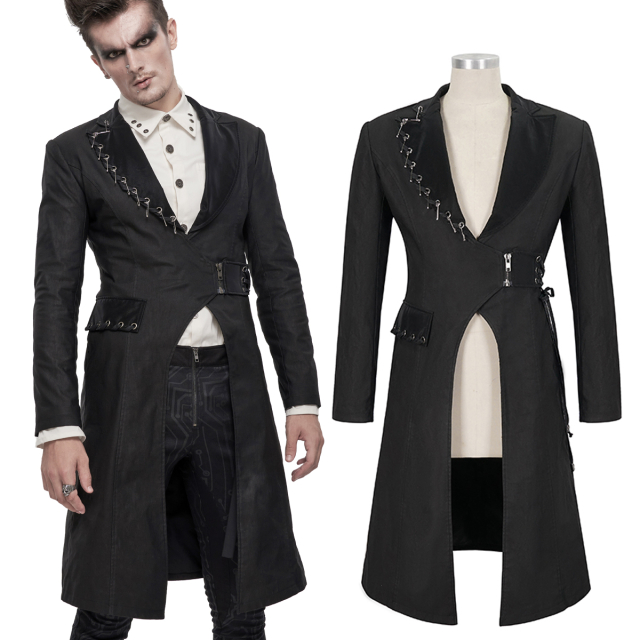 Devil Fashion Gothic Kurzmantel (CT185) für Herren mit Sicherheitsnadeln am Revers im Punk-Look sowie raffinierter seitlicher Schnürung und kurzem Reißverschluss