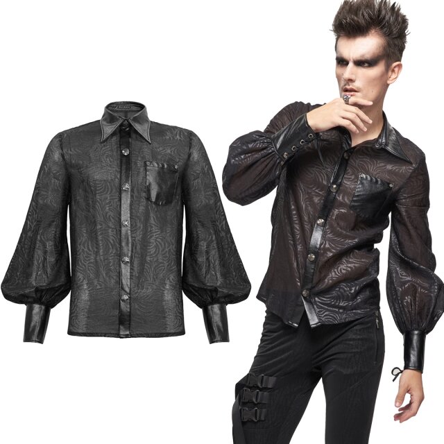 Devil Fashion shirt (SHT085) in semi-transparent organza with a slightly shiny print of a curved all-over pattern, cool faux leather details and balloon-shaped poet sleeves.
