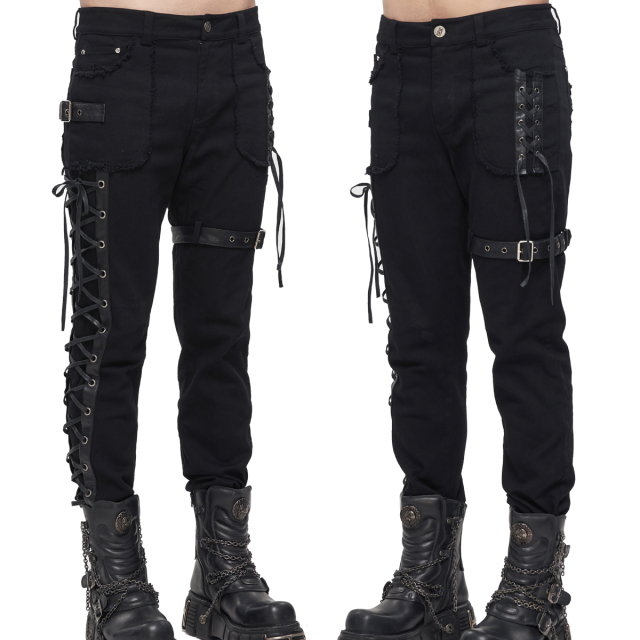 Devil Fashion Destroyed Stretch Jeans (PT161) with Faux Leather Straps and Lacing