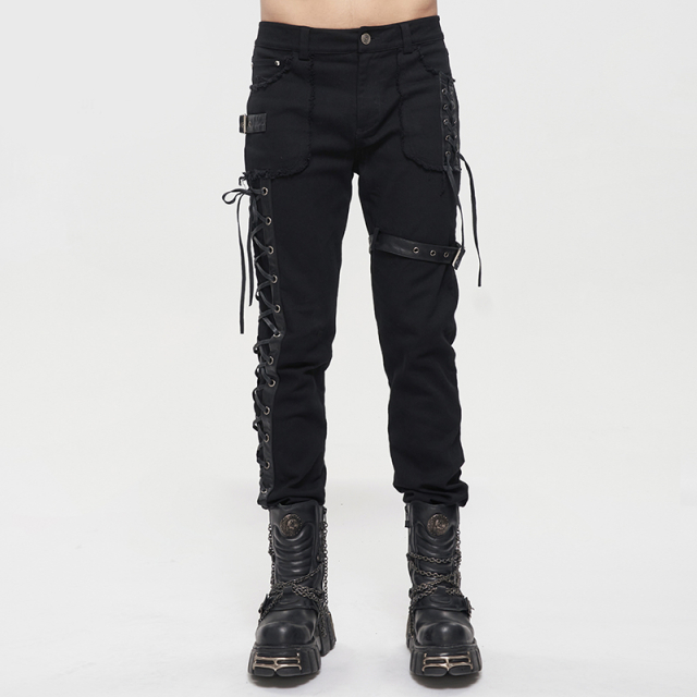 Schwarze Punk- Gothic-Jeans Legends mit Schnürung und Riemen M