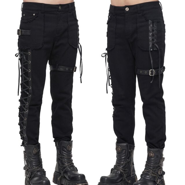 Devil Fashion Destroyed Stretch Jeans (PT161) with Faux Leather Straps and Lacing