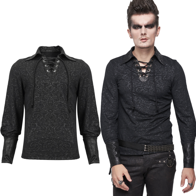 Devil fashion shirt (SHT089)  made of stretch material with brocade pattern as well as collar and cuffs made of imitation leather and lacing at the neckline