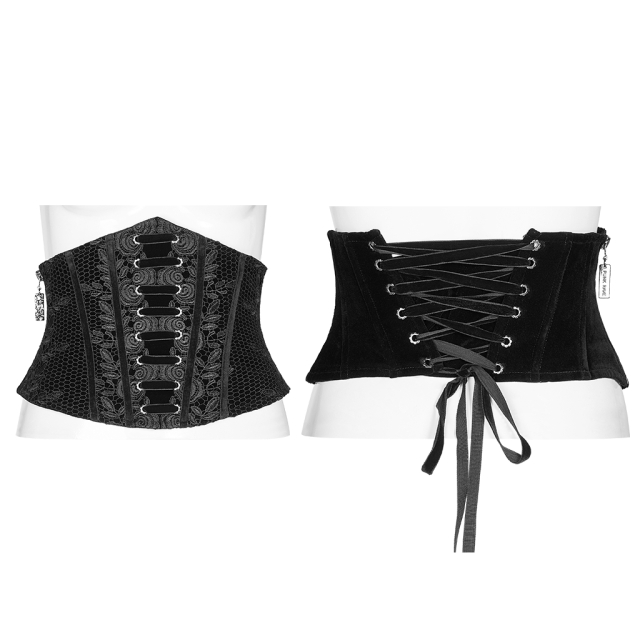 PUNK RAVE corsage belt (WS-426) made of velvet with lace overlay, decorative lacing at the front, lacing at the back and side zip in two colour variations: plain black and black-red