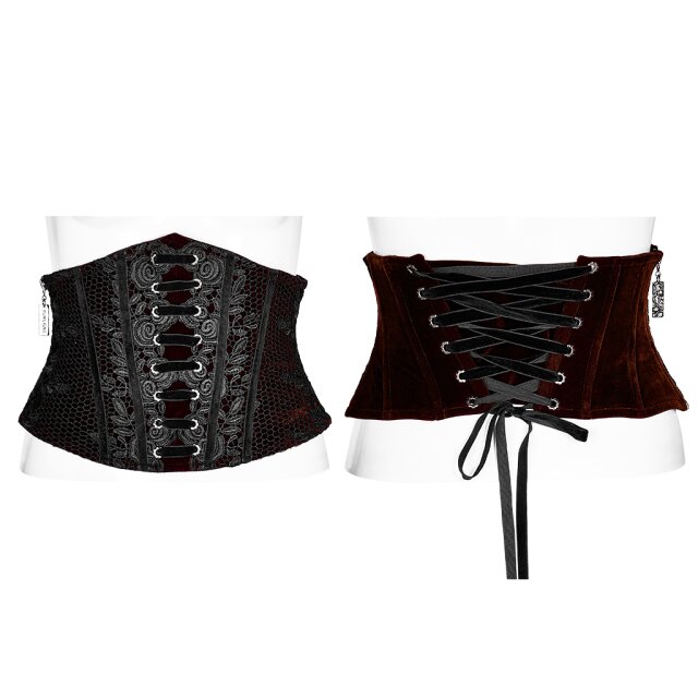 PUNK RAVE corsage belt (WS-426) made of velvet with lace overlay, decorative lacing at the front, lacing at the back and side zip in two colour variations: plain black and black-red