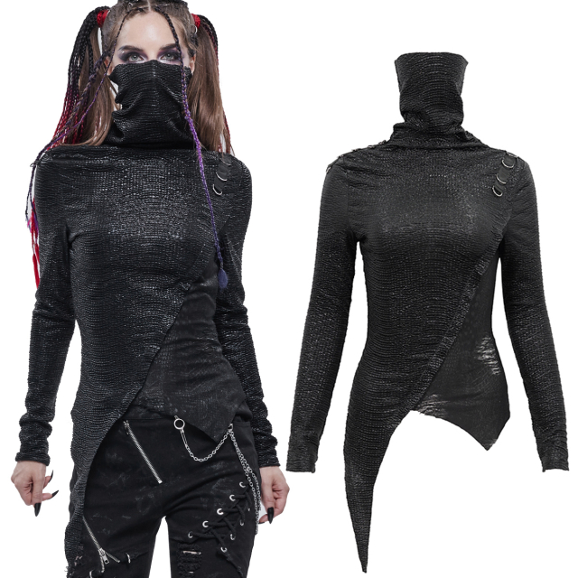 Devil fashion turtleneck shirt (TT181) in industrial punk look with tips and very high turtleneck (mask). Cool material combination of metallic crinkled look and slightly shredded jersey with discreet snakeskin print.