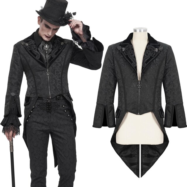 Viktorianischer Devil Fashion Frack (CT192) aus seidigem Satin mit dezenter Ranken- und Blüten-Musterung, ausgestellten 3/4 Ärmeln, Schnürung im Rücken uns samtigem Revers mit Ornamenten besetzt.