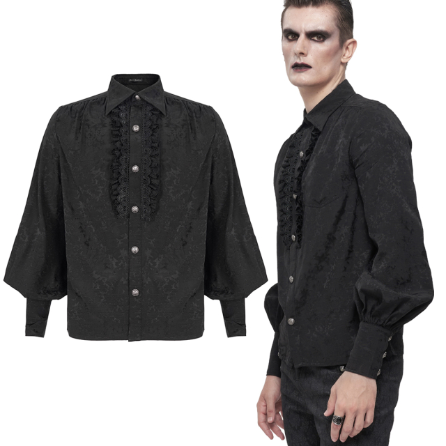 Schwarzes viktorianisches Devil Fashion Hemd (SHT08201) aus dezent gemustertem Mischgewebe mit bauschigen Dichterärmeln, breiten Manschetten und gerüschter Spitzenborte an der Knopfleiste.