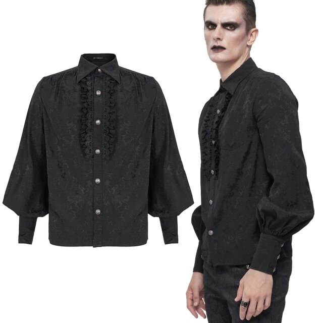 Black Victorian Devil Fashion shirt (SHT08201) in subtly patterned blend fabric with puffy poet sleeves, wide cuffs and ruffled lace trim at the button placket.