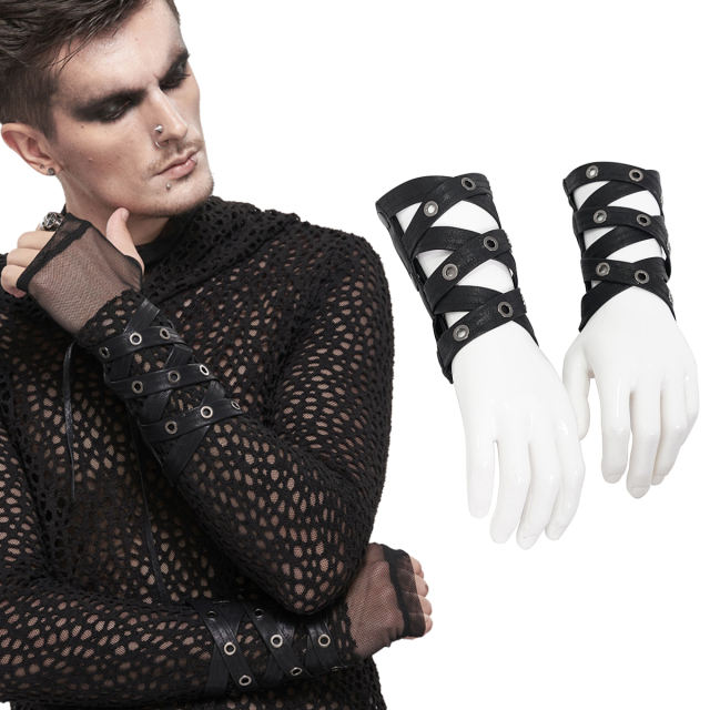 Devil Fashion Riemen-Armstulpen (GE020) für das Handgelenk und den Unterarm aus Kunstleder mit silberfarbenen Ösen