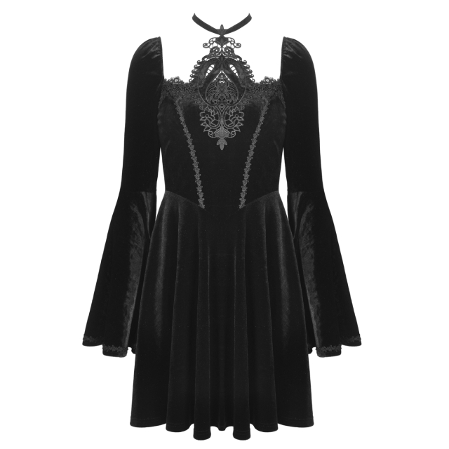 Dark In Love Samt-Minikleid (DW594) mit großem, eckigen Ausschnitt und Spitzenornament auf dem Dekolleté sowie Volantärmel und angesetztem Minirock, wahlweise in schwarz oder weiß