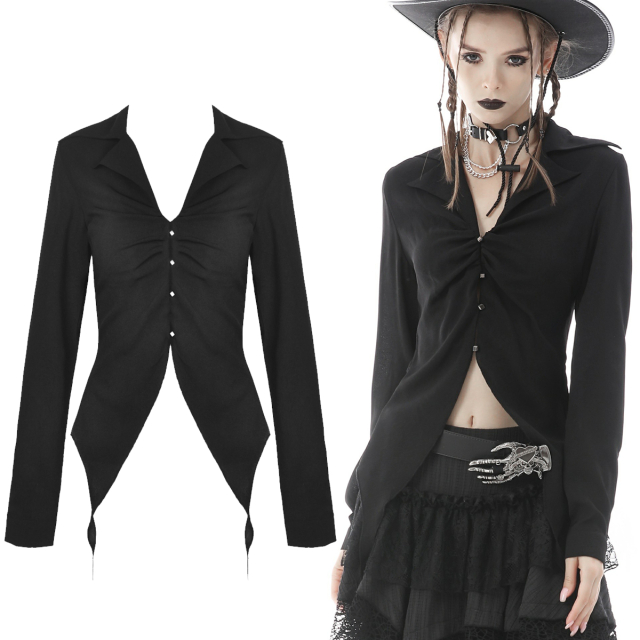 Waisted Dark In Love tapered blouse (IW086) with long fringes in Witchcraft look with deep V-neckline and long tips at the hemline.