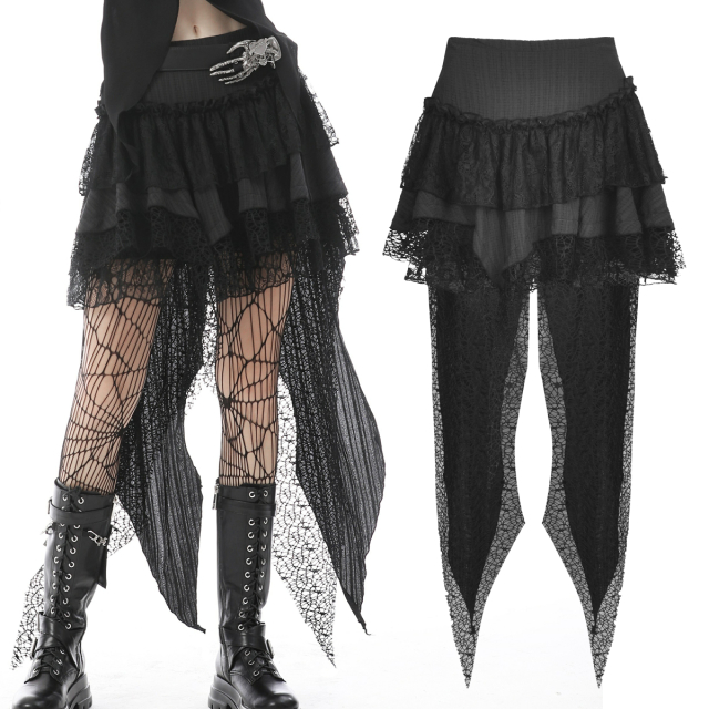Dark In Love Volant-Minirock (KW213) im Witchcraft-Gothic-Look aus aufregender Materialkombi aus grobem Netz, süßer Spitze und leichtem Knitter-Stretch-Material mit wadenlangem, mehrlagigem Schwalbenschwanz