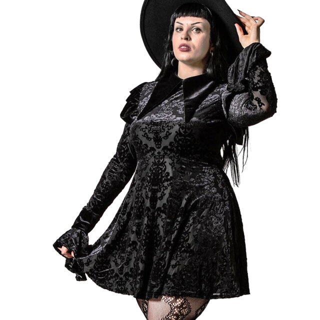 KILLSTAR Kleid Carpe Noctem aus feinem Burn-Out-Samt mit barocker Ornamentik, in femininer A-Linie mit weitem Minirock, Trompetenabschlüssen an den Ärmeln, spitzem Samtkragen und großem Cut-Out auf dem Rücken