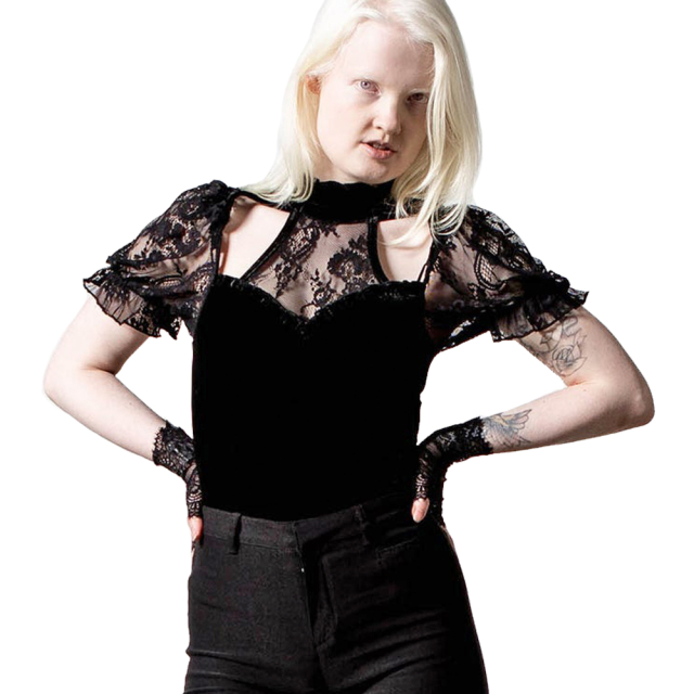 KILLSTAR Endora top in black made of soft, elastic velvet with short puff sleeves, neckline with cut-outs and back yoke made of elastic lace.