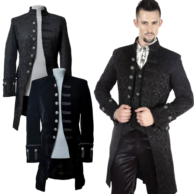 Black gothic cutaway in velvet or brocade with wide...