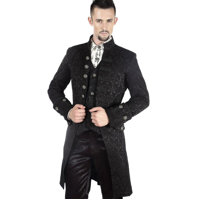 Black gothic cutaway in velvet or brocade with wide turn-up cuffs, decorative buttons and trims