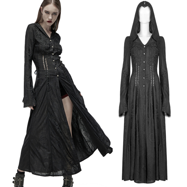 Thin punk rave coat with hood (WY-1359BK) made of baroque patterned stretch material in A-line with extra long flared sleeves, lace trimming and braided inserts in the front and lacing in the back