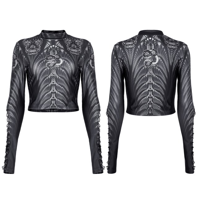 PUNK RAVE Langarm-Shirt (WT-699) mit abgefahrenem Cyber-Print aus Schlangen, Wirbeln und Totenköpfen sowie cooler Schnürung am Unterarm in zwei Farb- und Material-Varianten