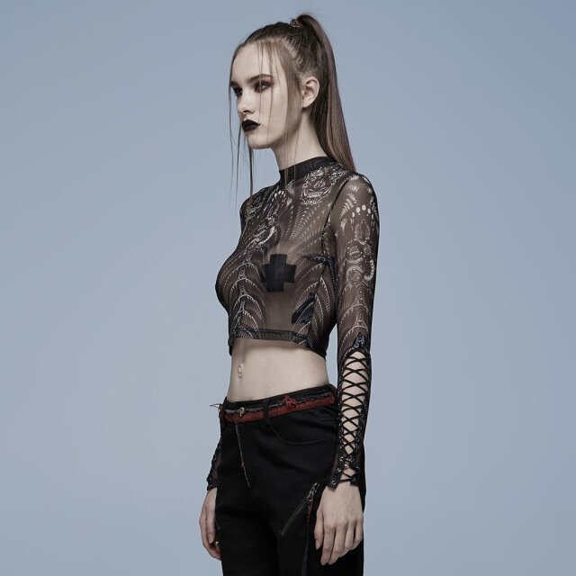 PUNK RAVE Gothic-Shirt Irezumi mit Print BK-WH (transparent) S