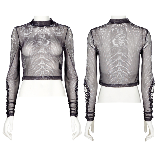 PUNK RAVE long-sleeved shirt (WT-699) with a cool cyber print of snakes, vertebrae and skulls as well as a lacing on the forearm in two colour and material variations.
