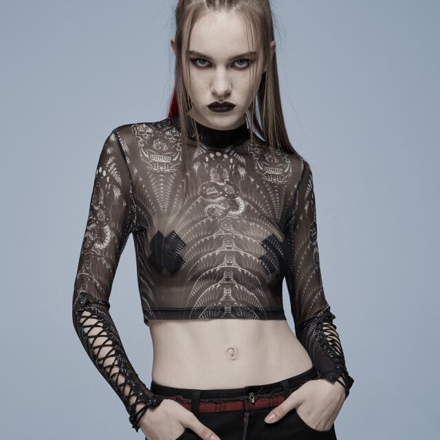 PUNK RAVE Gothic-Shirt Irezumi mit Print BK-WH (transparent) M
