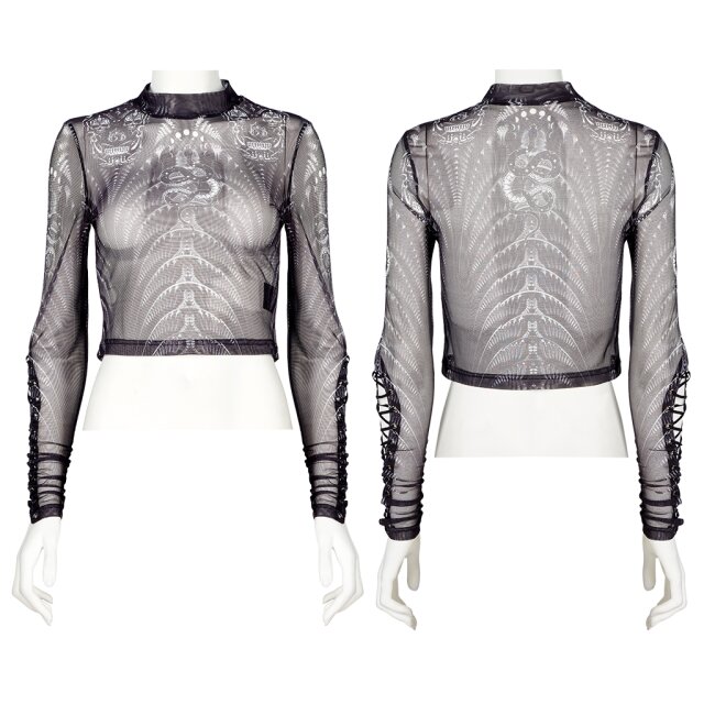 PUNK RAVE Langarm-Shirt (WT-699) mit abgefahrenem Cyber-Print aus Schlangen, Wirbeln und Totenköpfen sowie cooler Schnürung am Unterarm in zwei Farb- und Material-Varianten