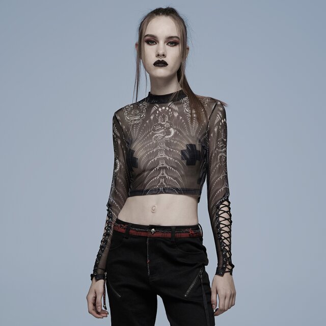 PUNK RAVE Gothic-Shirt Irezumi mit Print BK-WH (transparent) M