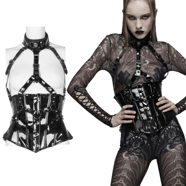 PUNK RAVE vinyl underbust corset (WY-1343) with bust harness and collar as well as straps in bondage-look decorated with rivets, o-rings and skulls
